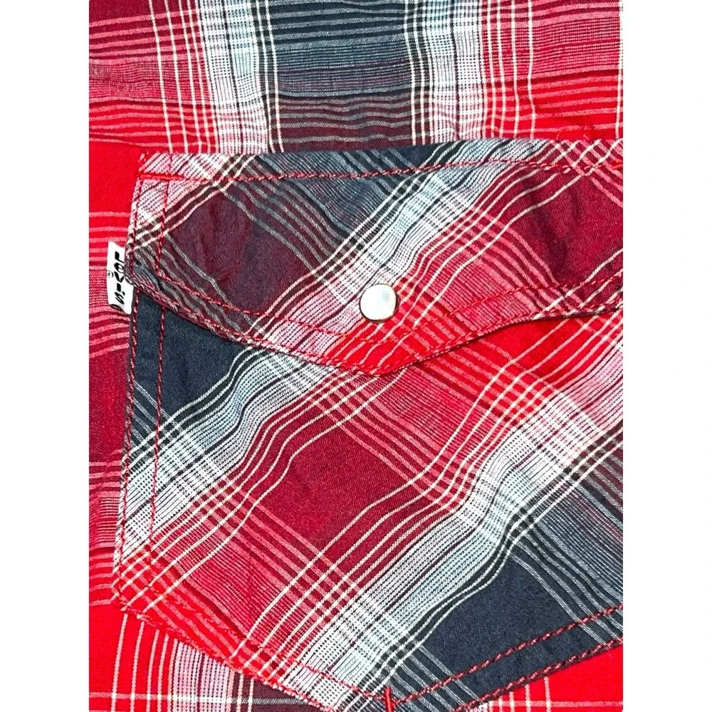 Levi modern‎ men's button-down shirt pearl snap plaid Size Large Red And Black